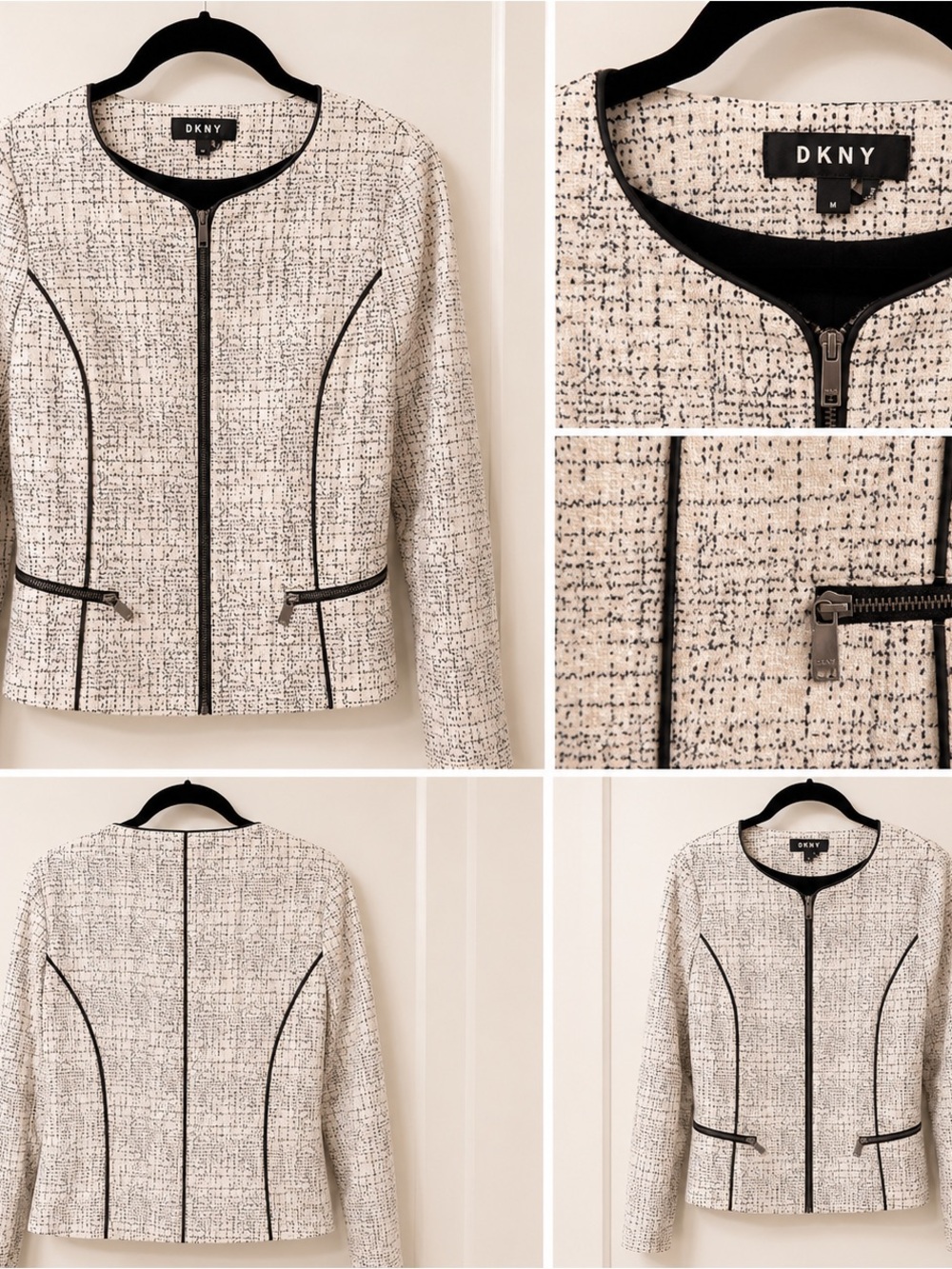 DKNY Cream Tweed Zip-Front Blazer with Black Trim